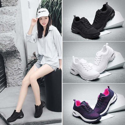 Woman wearing black Zapatillas Urban Trek Zenithi sneakers; various colors displayed including black, white, and purple options.
