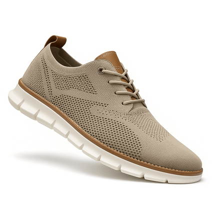 Zapato casual hombre europeo beige con suela blanca, en algodón y cuero, cómodo y flexible.