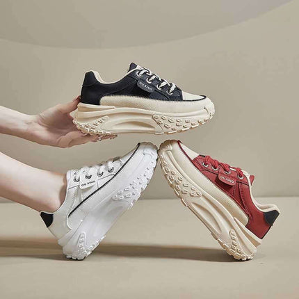 Three stylish thick-soled platform sneakers in black, white, and red displayed for showcasing modern fashion footwear.