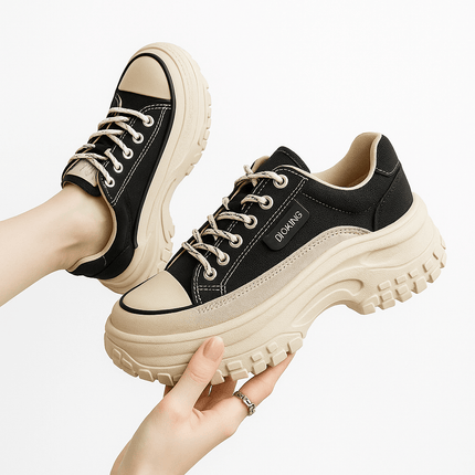 Modern casual shoes with thick sole elevation; stylish, comfortable, breathable black design perfect for any occasion.