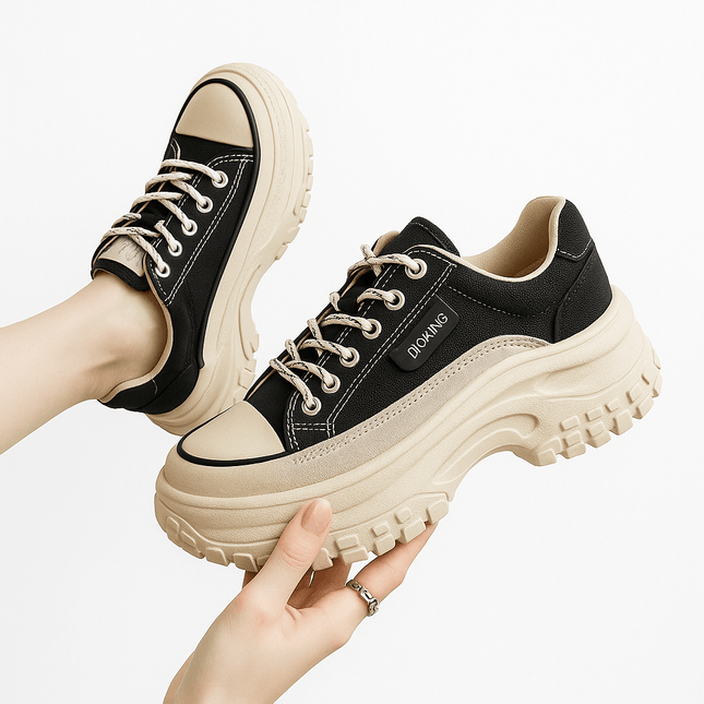 Modern casual shoes with thick sole elevation; stylish, comfortable, breathable black design perfect for any occasion.
