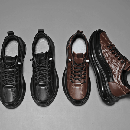 Zapatos Casuales Hombre en cuero negro y marrón, estilo moderno y comodidad superior para hombres, ideales para uso diario.