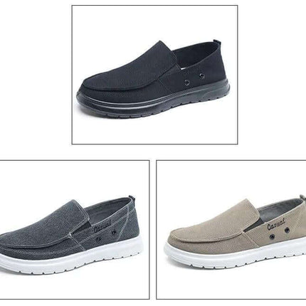 Zapatos de lona casuales para hombre en negro, gris y beige con suela blanca. Perfectos para caminar, estilo y comodidad diaria.