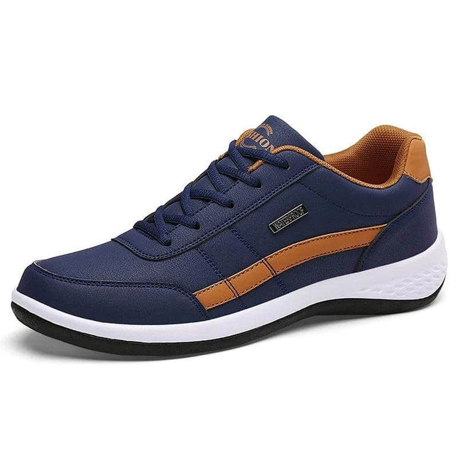 Zapato impermeable azul y marrón para hombre, estilo casual diario con diseño moderno y suela antideslizante.